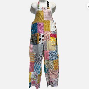 Nwt FUNKY STUFF boho crazy patch hippy cotton OVERALLS JUMPER JUMPSUIT ROMPER L